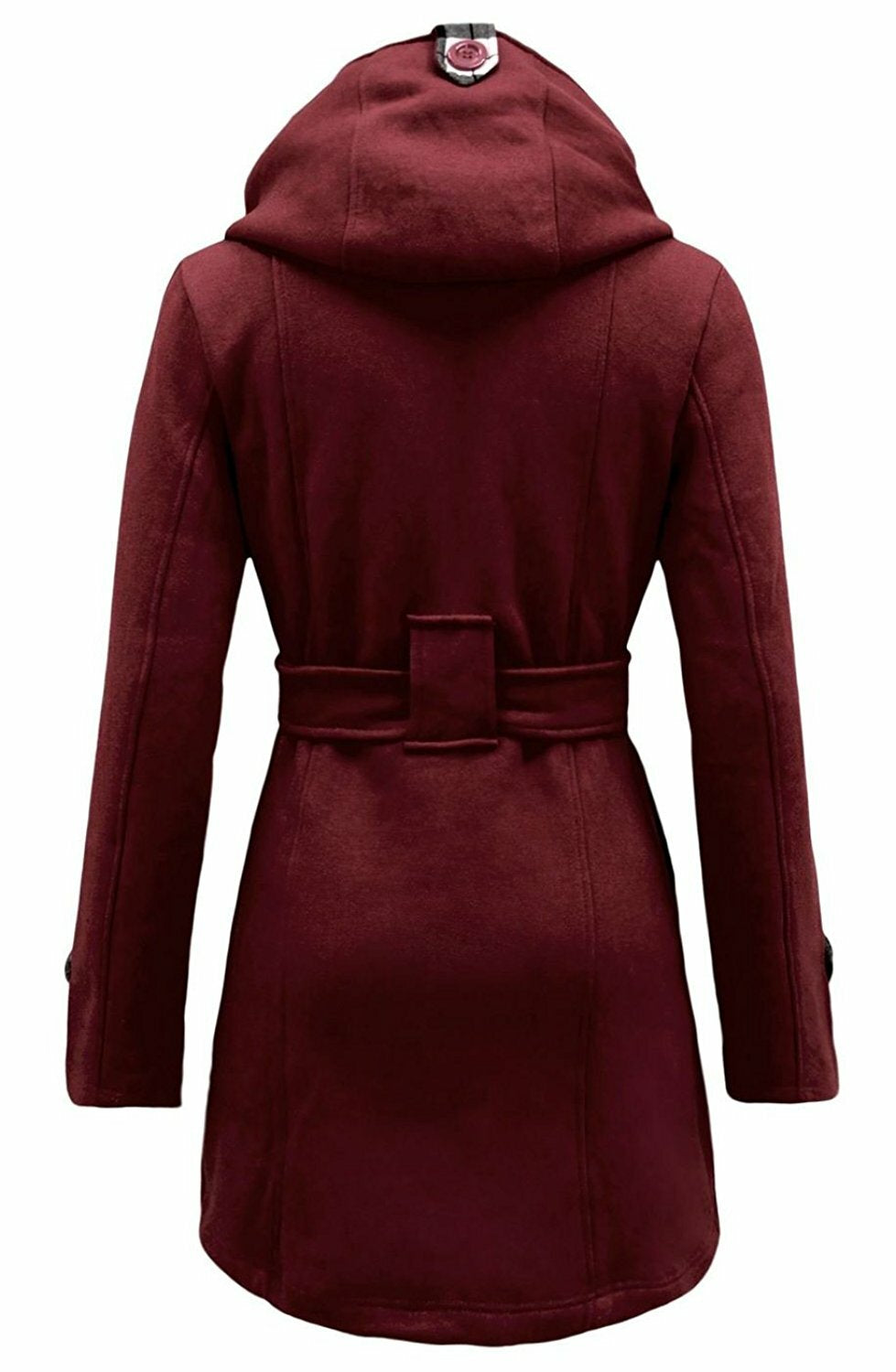 Women'S Check Hooded Belted Winter Duffle Coat Long Buttoned Fleece Jacket