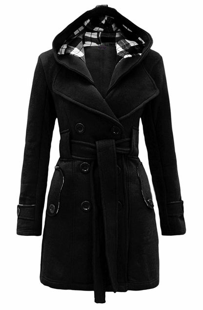 Women'S Check Hooded Belted Winter Duffle Coat Long Buttoned Fleece Jacket