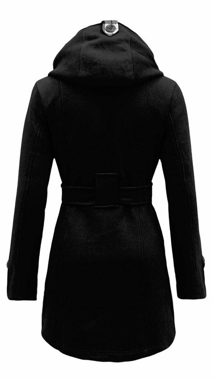 Women'S Check Hooded Belted Winter Duffle Coat Long Buttoned Fleece Jacket