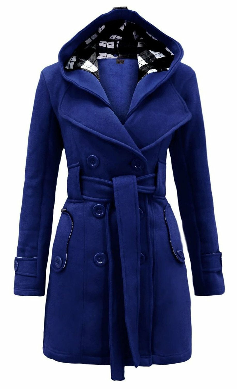 Women'S Check Hooded Belted Winter Duffle Coat Long Buttoned Fleece Jacket