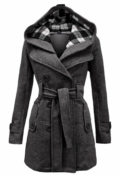 Women'S Check Hooded Belted Winter Duffle Coat Long Buttoned Fleece Jacket