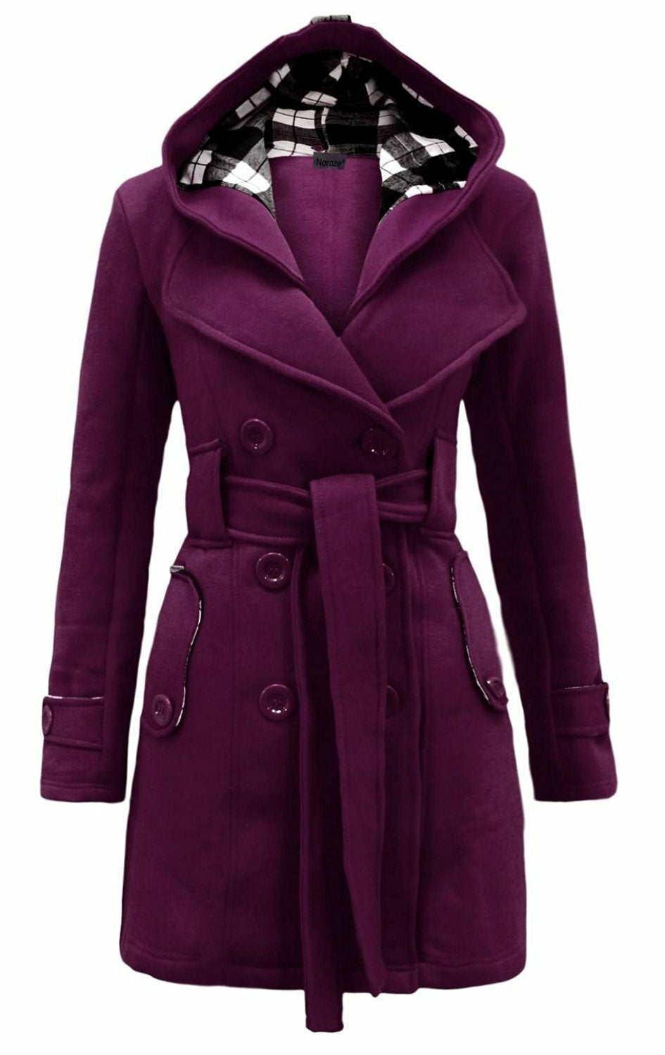 Women'S Check Hooded Belted Winter Duffle Coat Long Buttoned Fleece Jacket