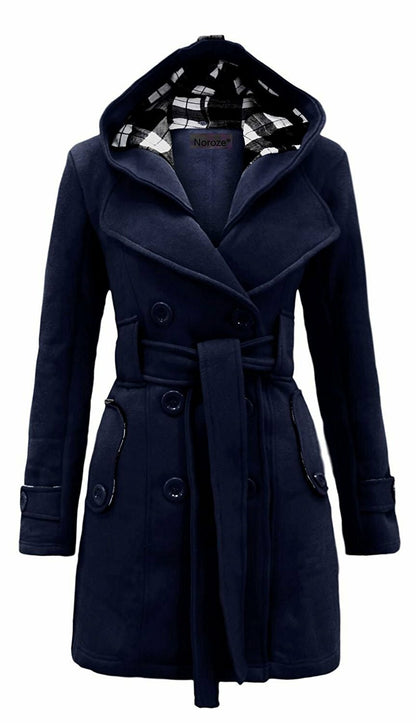Women'S Check Hooded Belted Winter Duffle Coat Long Buttoned Fleece Jacket