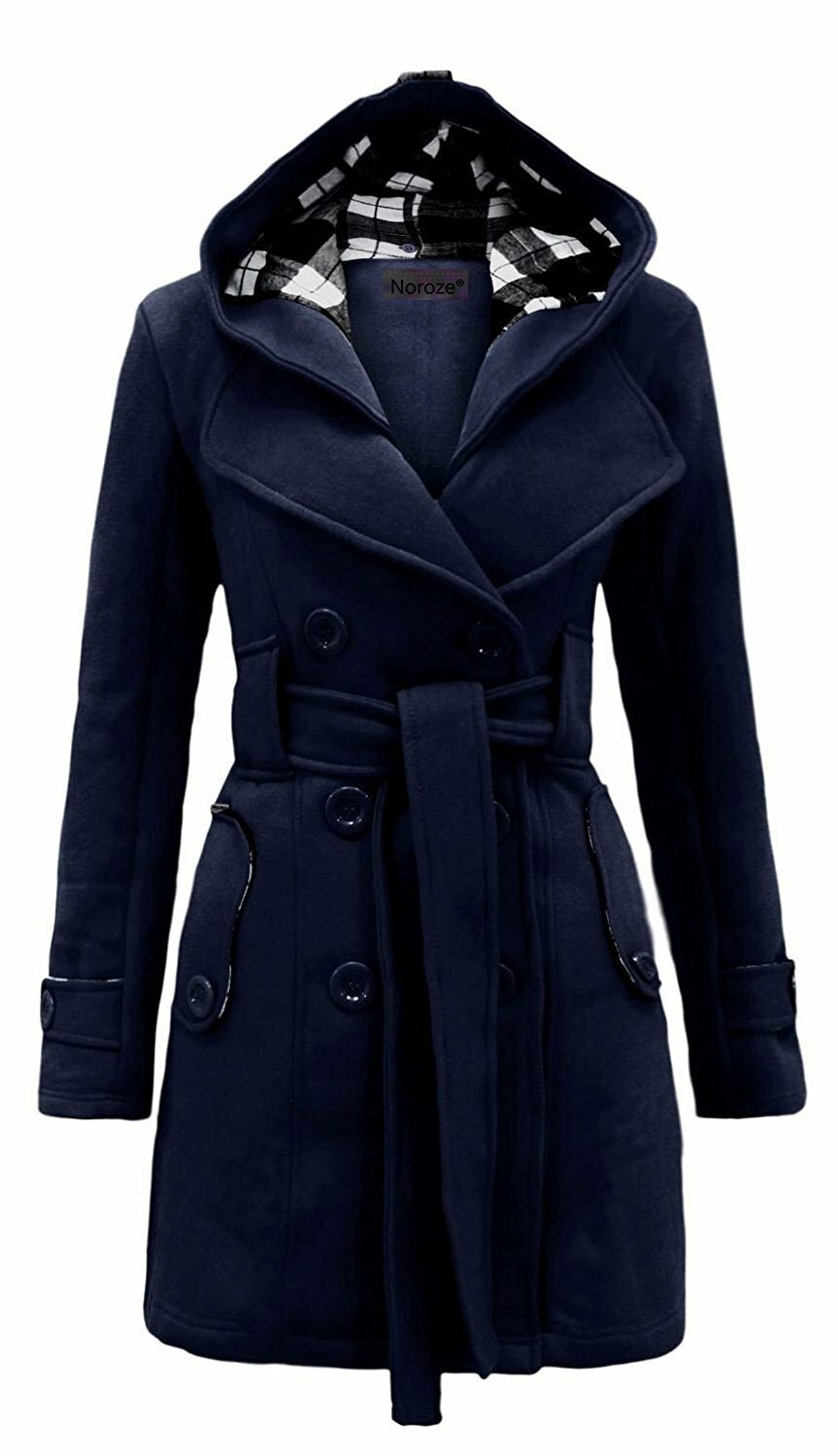 Women'S Check Hooded Belted Winter Duffle Coat Long Buttoned Fleece Jacket