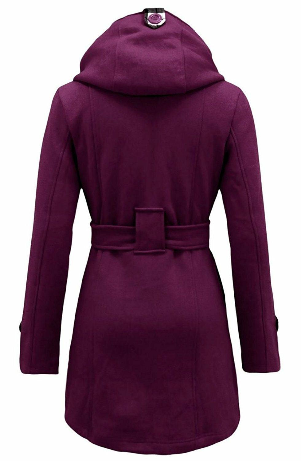 Women'S Check Hooded Belted Winter Duffle Coat Long Buttoned Fleece Jacket