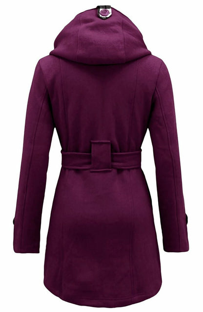 Women'S Check Hooded Belted Winter Duffle Coat Long Buttoned Fleece Jacket