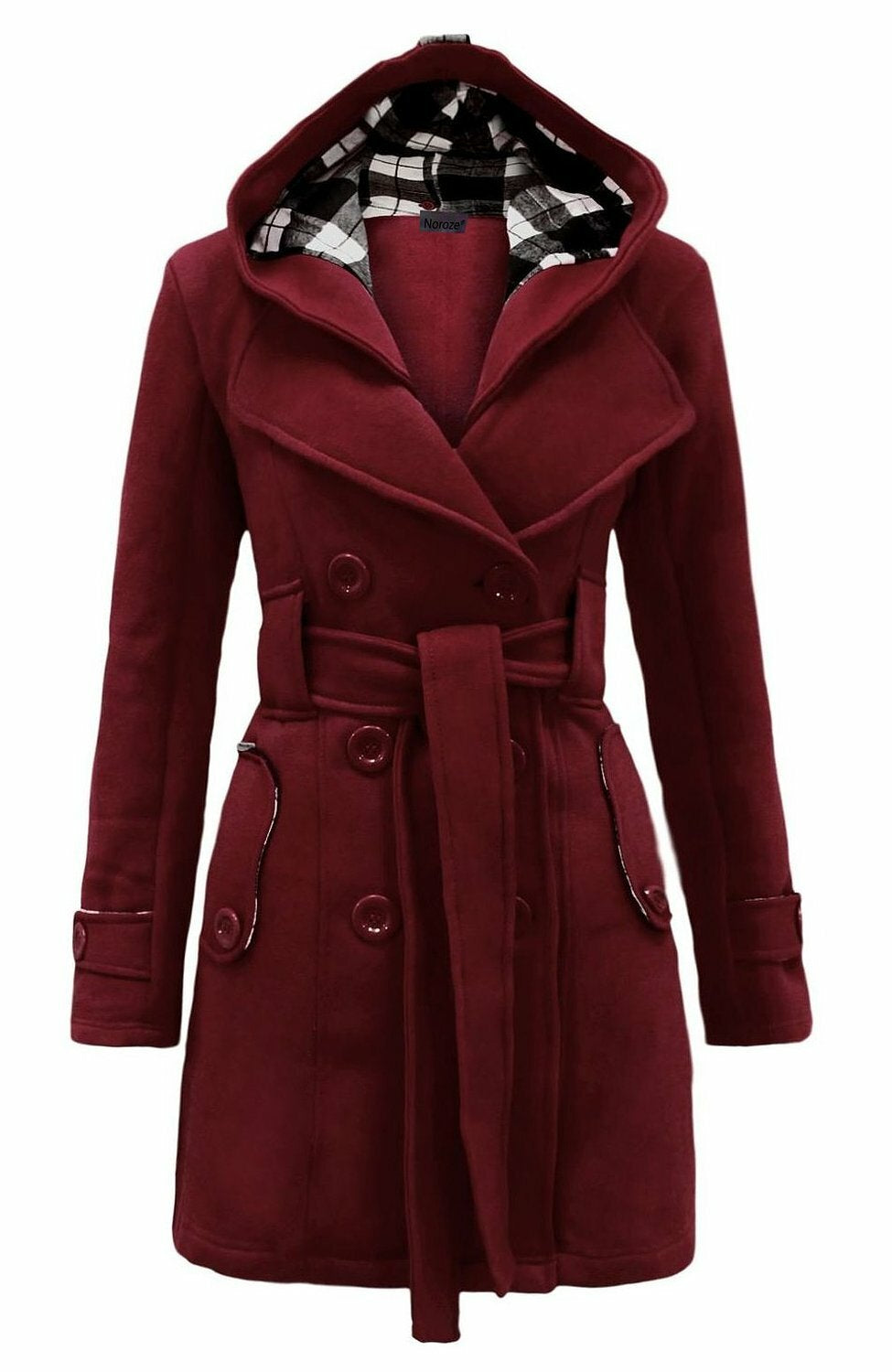Women'S Check Hooded Belted Winter Duffle Coat Long Buttoned Fleece Jacket