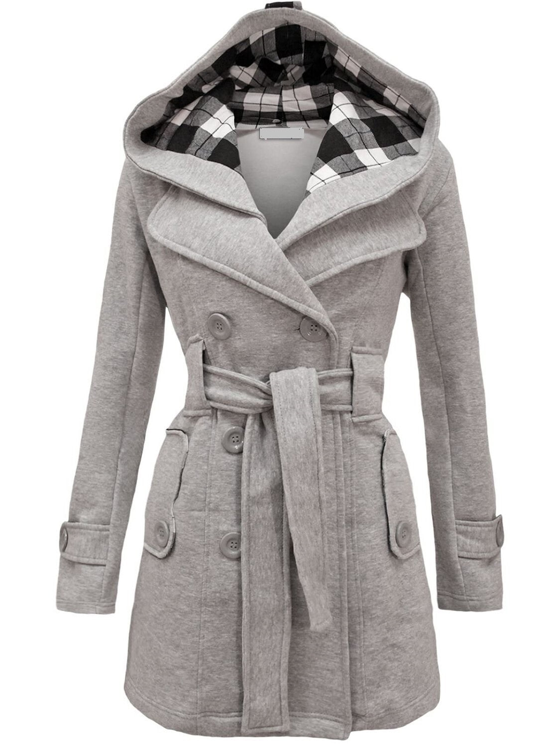 Women'S Check Hooded Belted Winter Duffle Coat Long Buttoned Fleece Jacket