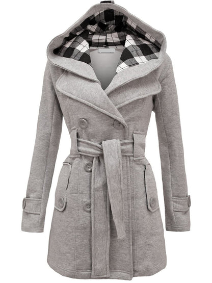 Women'S Check Hooded Belted Winter Duffle Coat Long Buttoned Fleece Jacket