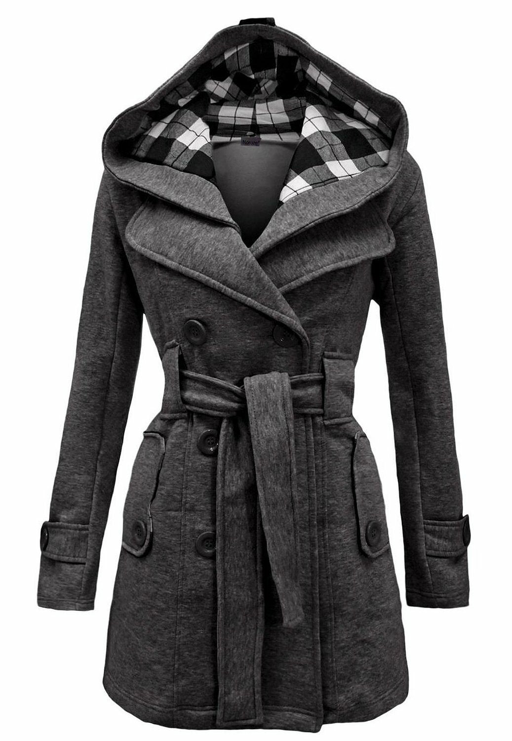 Women'S Check Hooded Belted Winter Duffle Coat Long Buttoned Fleece Jacket