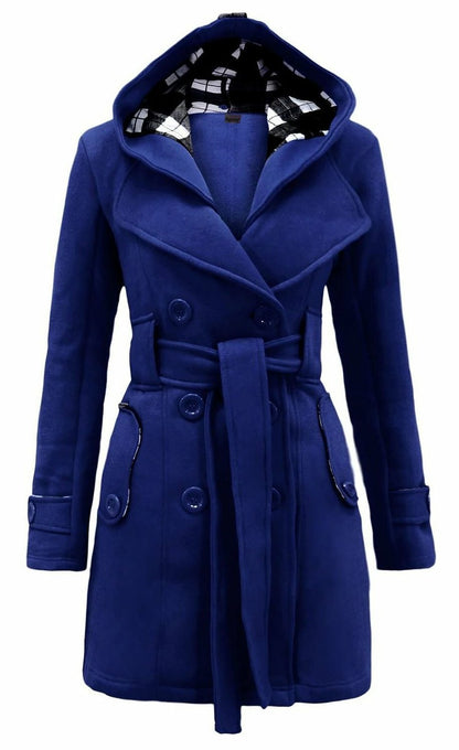 Women'S Check Hooded Belted Winter Duffle Coat Long Buttoned Fleece Jacket