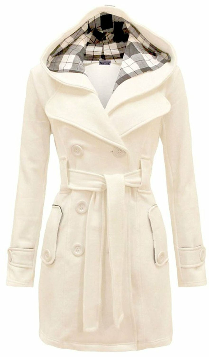 Women'S Check Hooded Belted Winter Duffle Coat Long Buttoned Fleece Jacket