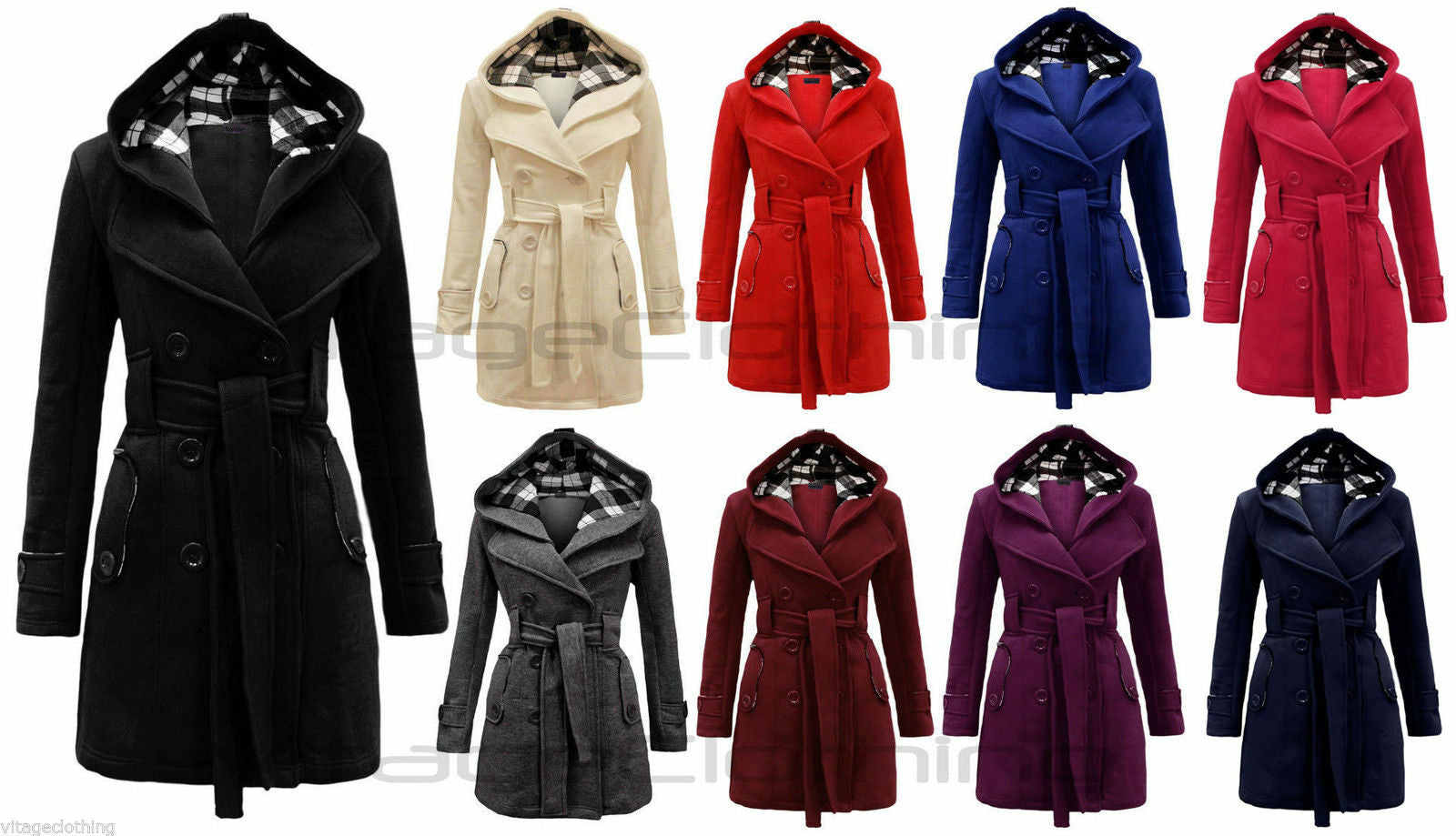Women'S Check Hooded Belted Winter Duffle Coat Long Buttoned Fleece Jacket