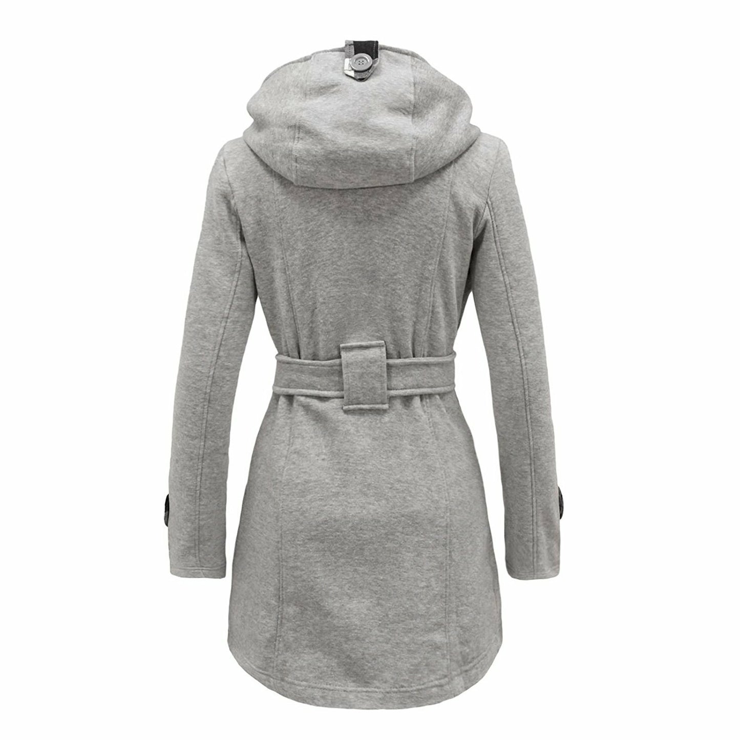 Women'S Check Hooded Belted Winter Duffle Coat Long Buttoned Fleece Jacket