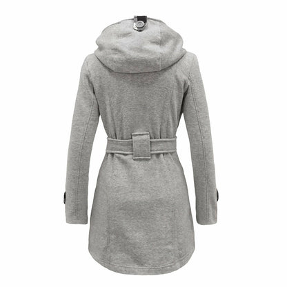 Women'S Check Hooded Belted Winter Duffle Coat Long Buttoned Fleece Jacket