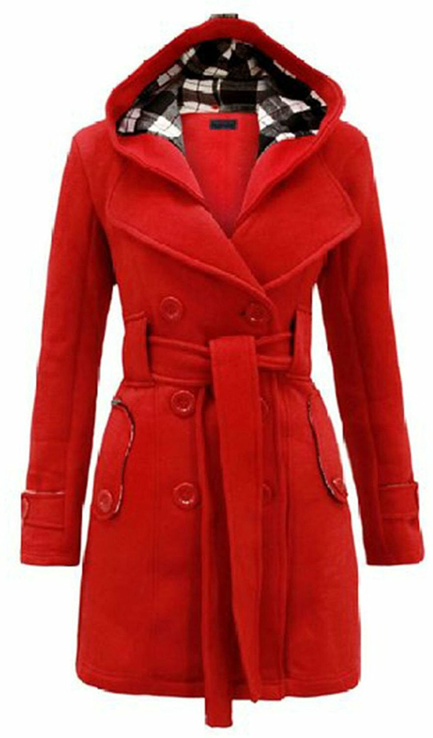 Women'S Check Hooded Belted Winter Duffle Coat Long Buttoned Fleece Jacket